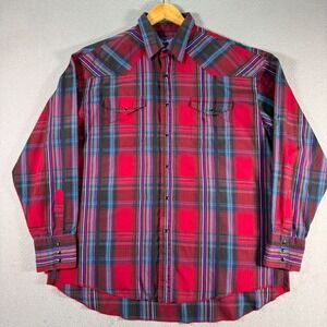 Vintage Wrangler Pearl Snap Shirt Men X-Long Tails 17-35 Red Plaid Western Rodeo